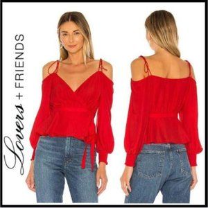 Lovers + Friends Hopeless Romantic Top Cold Shoulder Wrap Blouse Red Sz L